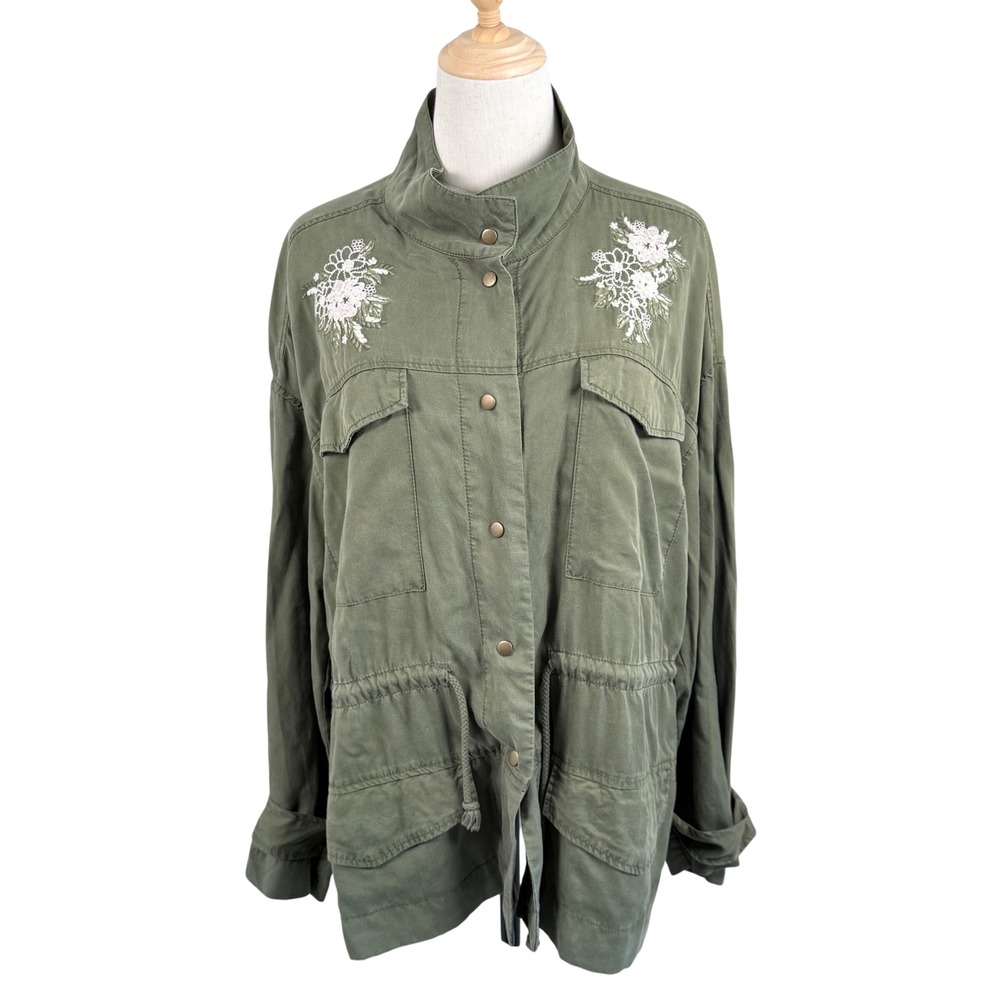 Womens‎ XL Utility Jacket Olive Green Floral Embroidered Lyocell Boho Field